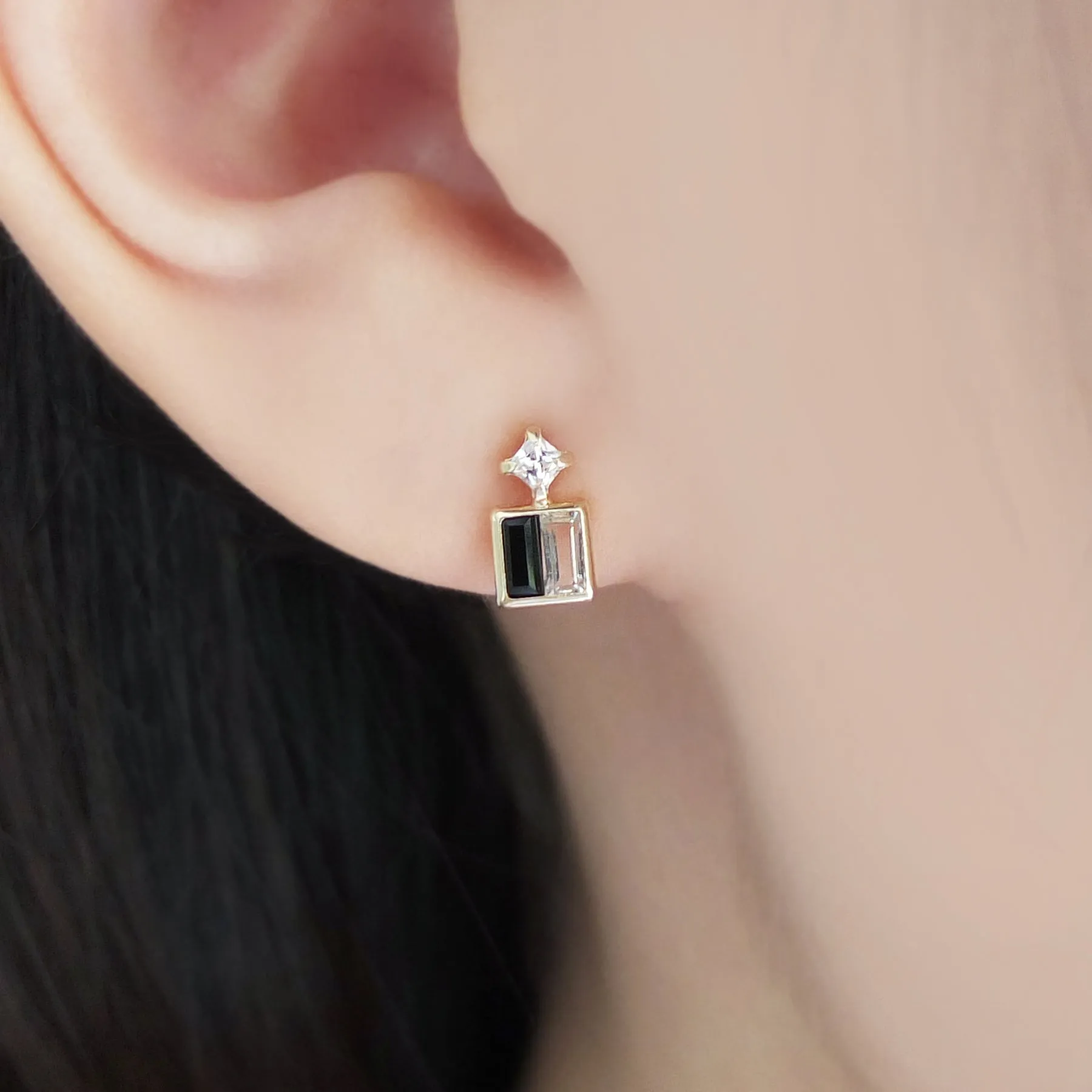 18K/10K Yellow Gold Onyx White Topaz Twin Earrings