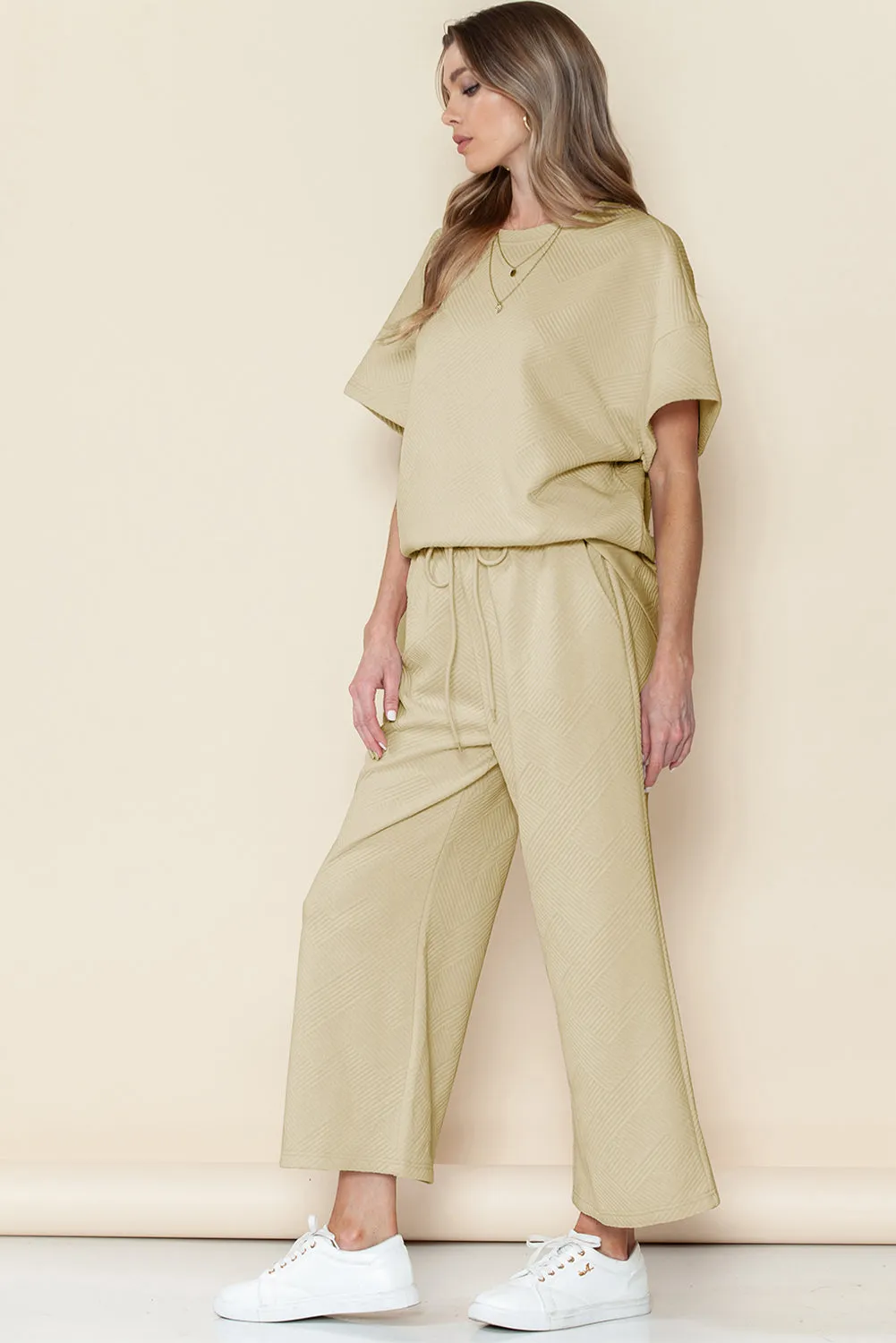 Apricot Textured Loose Fit T Shirt and Drawstring Pants Set