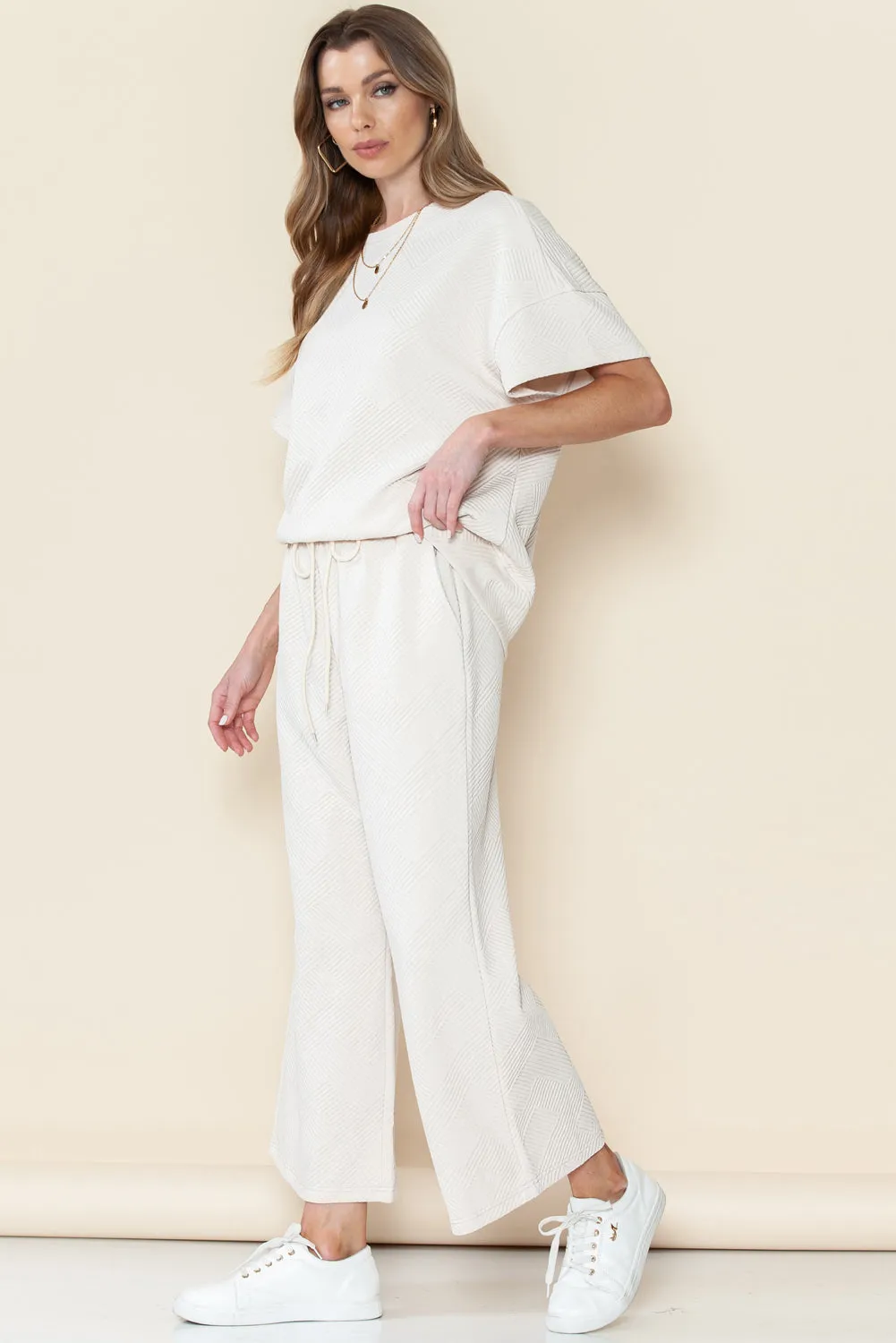 Apricot Textured Loose Fit T Shirt and Drawstring Pants Set