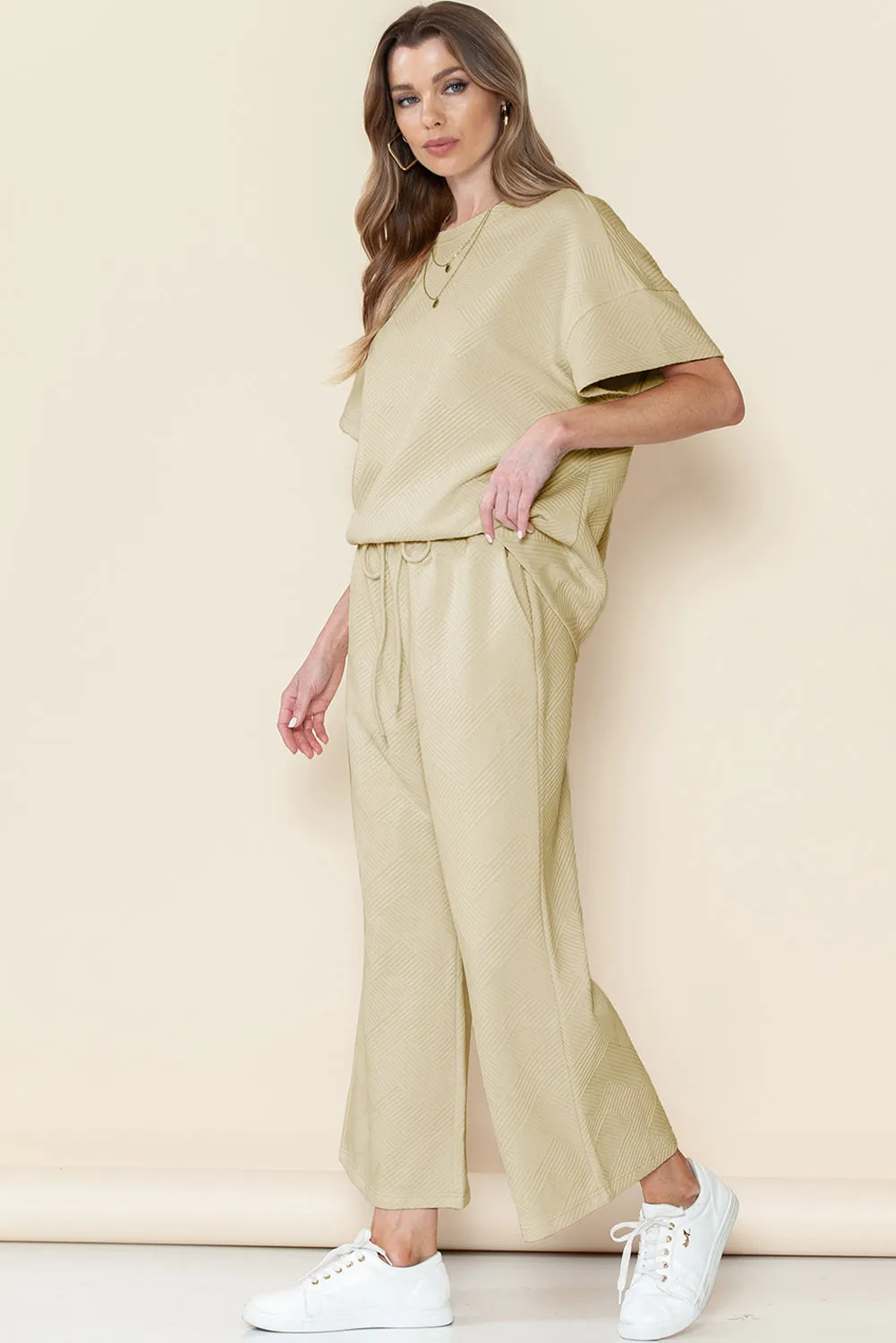 Apricot Textured Loose Fit T Shirt and Drawstring Pants Set