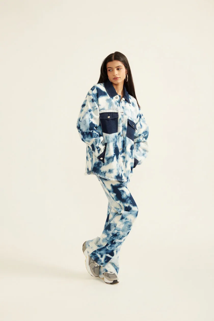 Blue and White Tie-Dye Effect Oversized Jacket
