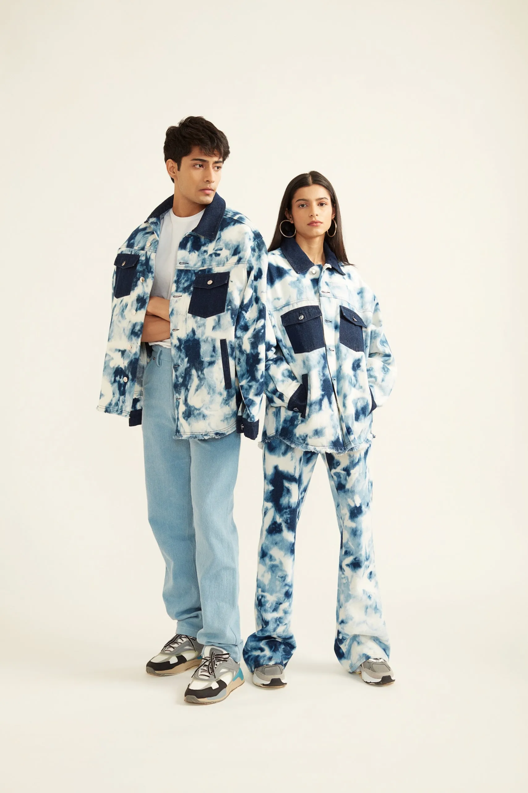 Blue and White Tie-Dye Effect Oversized Jacket