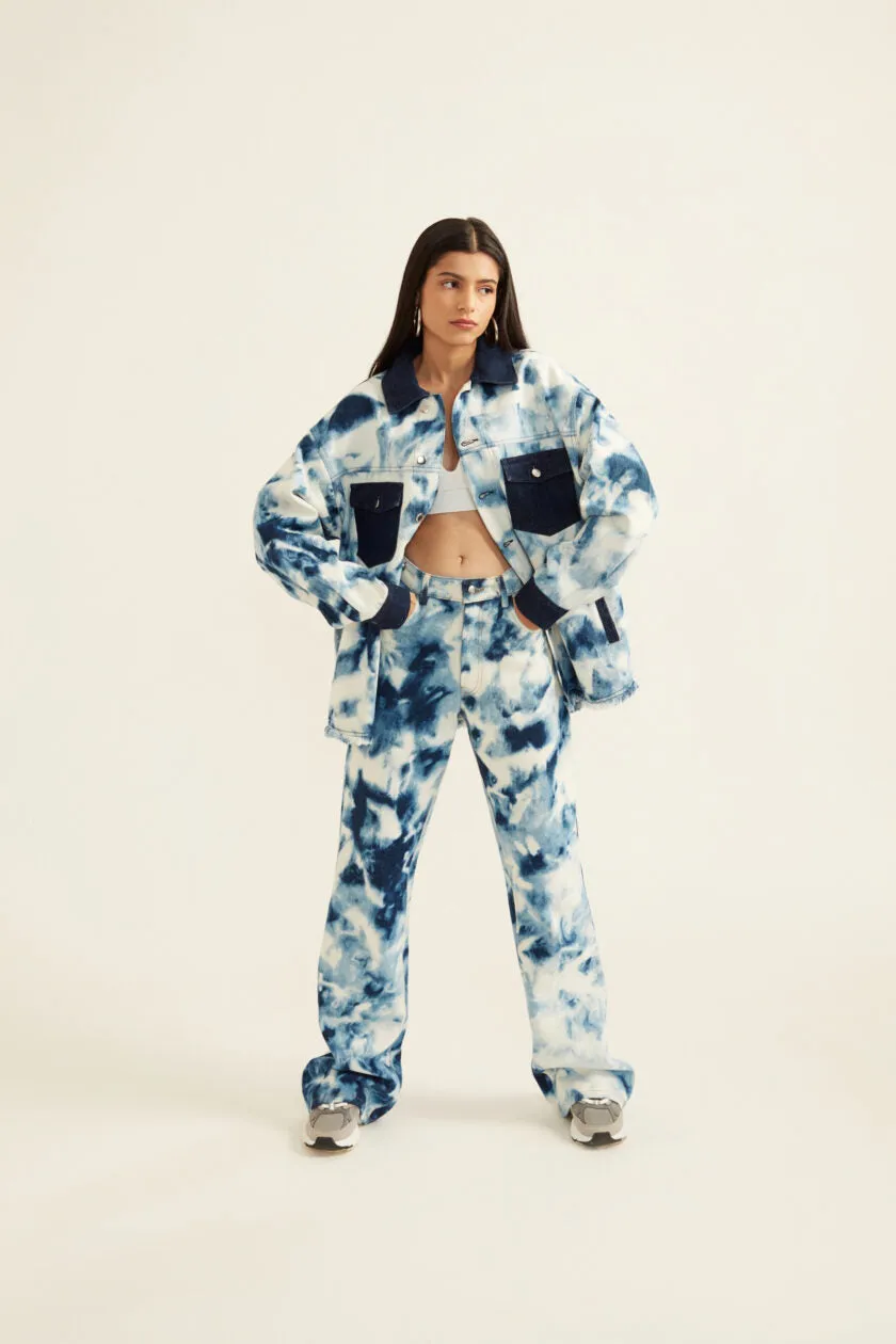 Blue and White Tie-Dye Effect Oversized Jacket