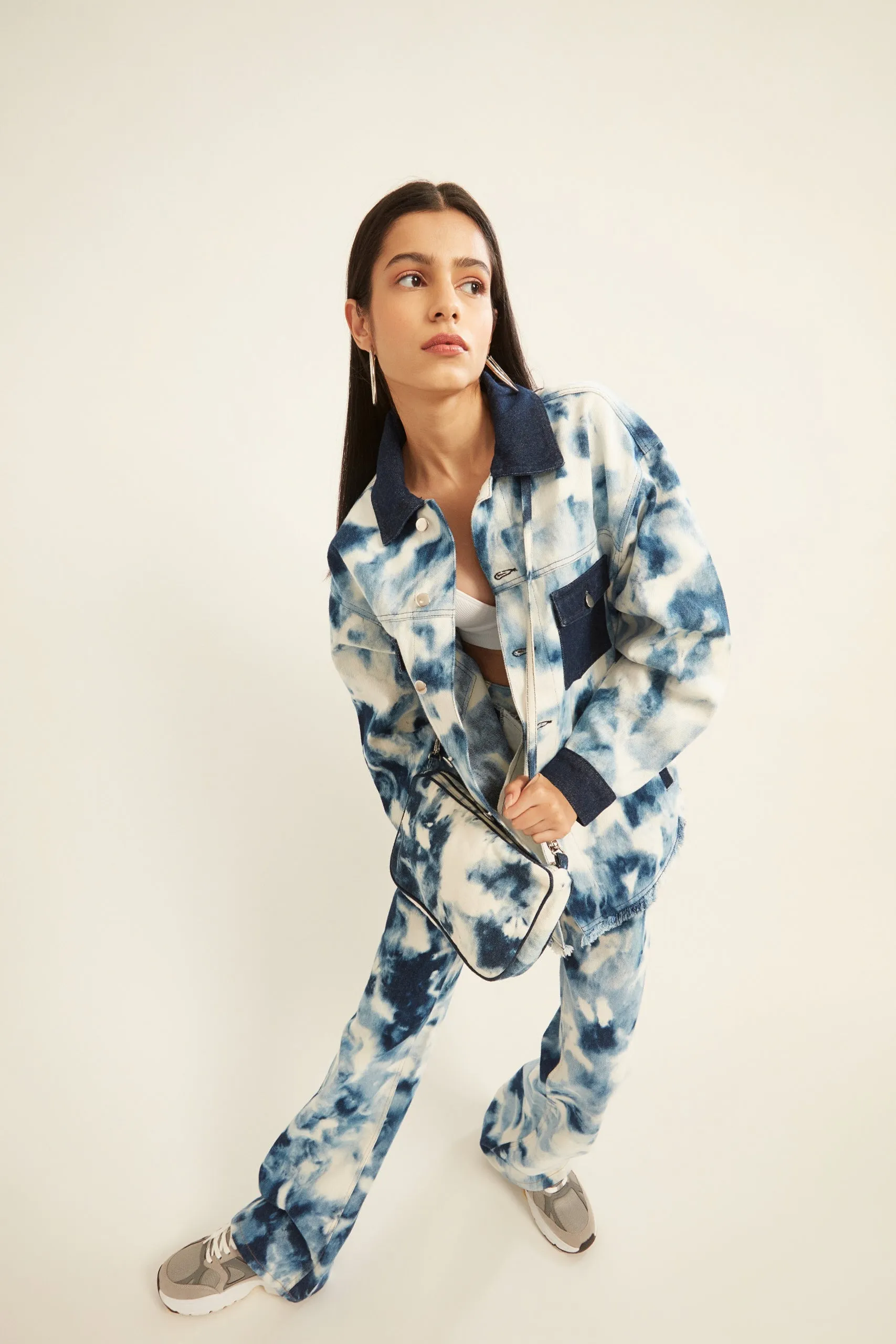 Blue and White Tie-Dye Effect Oversized Jacket