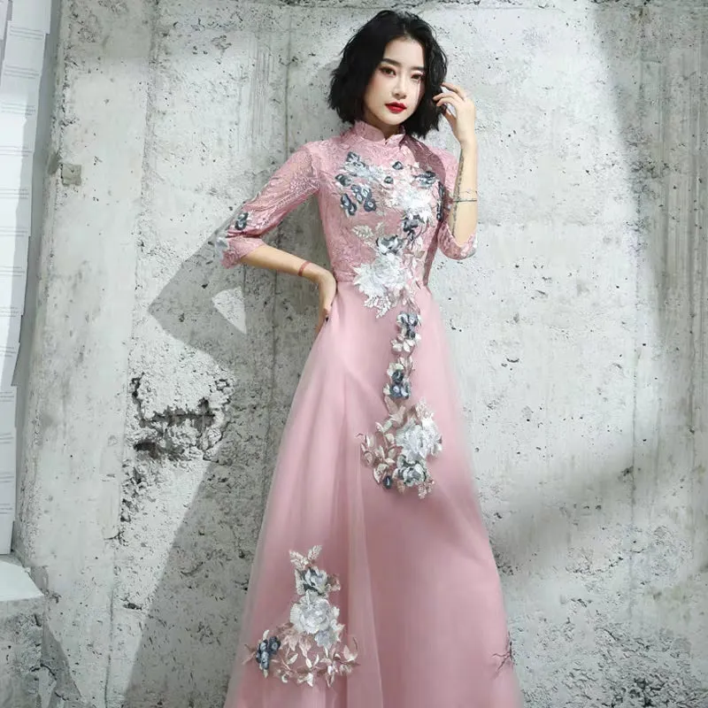 Chinese toast clothing bride cheongsam 2019 new autumn and winter long wedding dress skirt thank you feast in the sleeves thin female