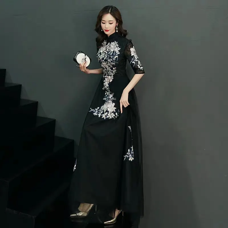 Chinese toast clothing bride cheongsam 2019 new autumn and winter long wedding dress skirt thank you feast in the sleeves thin female