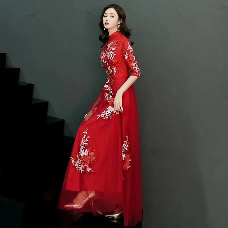 Chinese toast clothing bride cheongsam 2019 new autumn and winter long wedding dress skirt thank you feast in the sleeves thin female