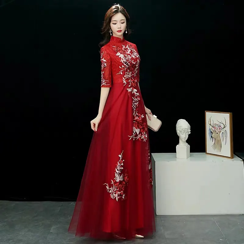 Chinese toast clothing bride cheongsam 2019 new autumn and winter long wedding dress skirt thank you feast in the sleeves thin female