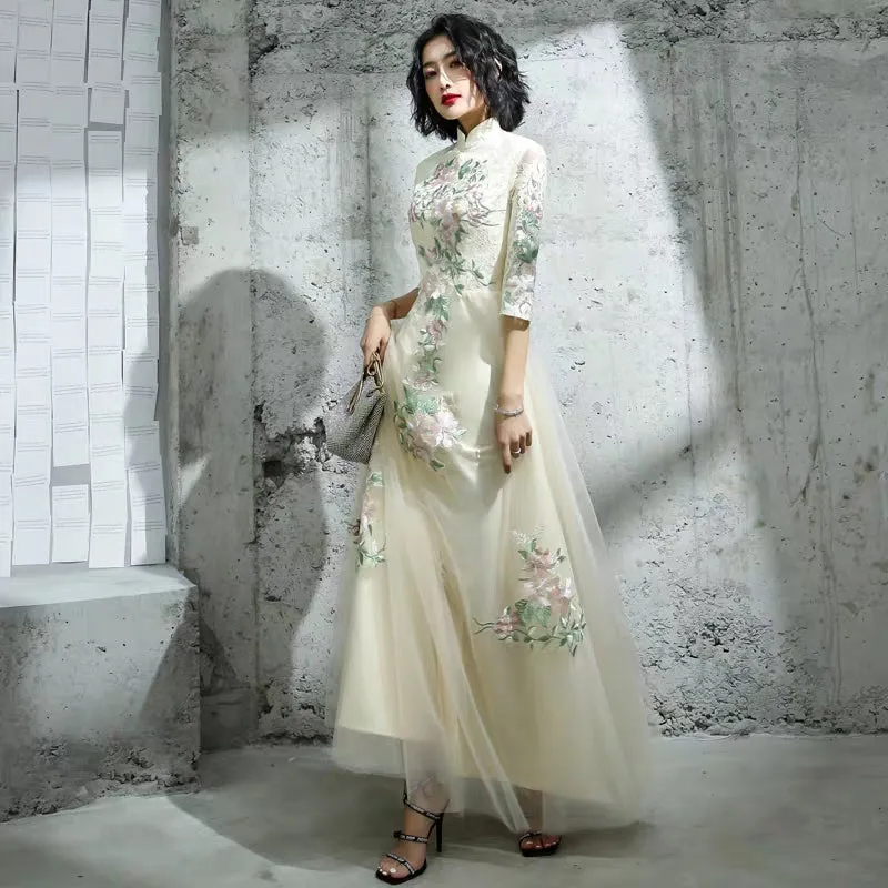 Chinese toast clothing bride cheongsam 2019 new autumn and winter long wedding dress skirt thank you feast in the sleeves thin female