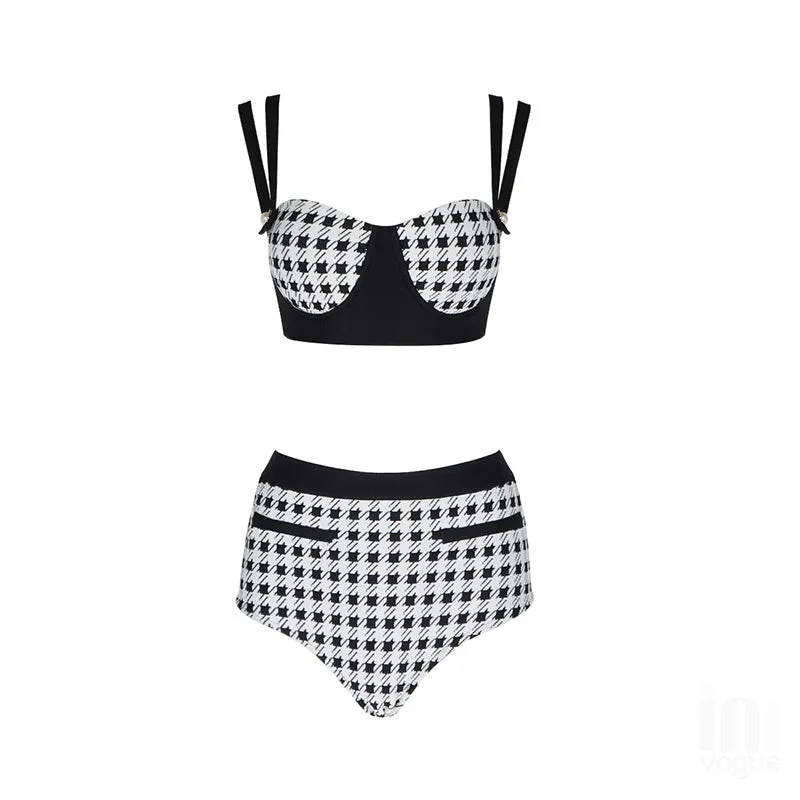 Classic Chic Houndstooth High-Waisted Bikini Set