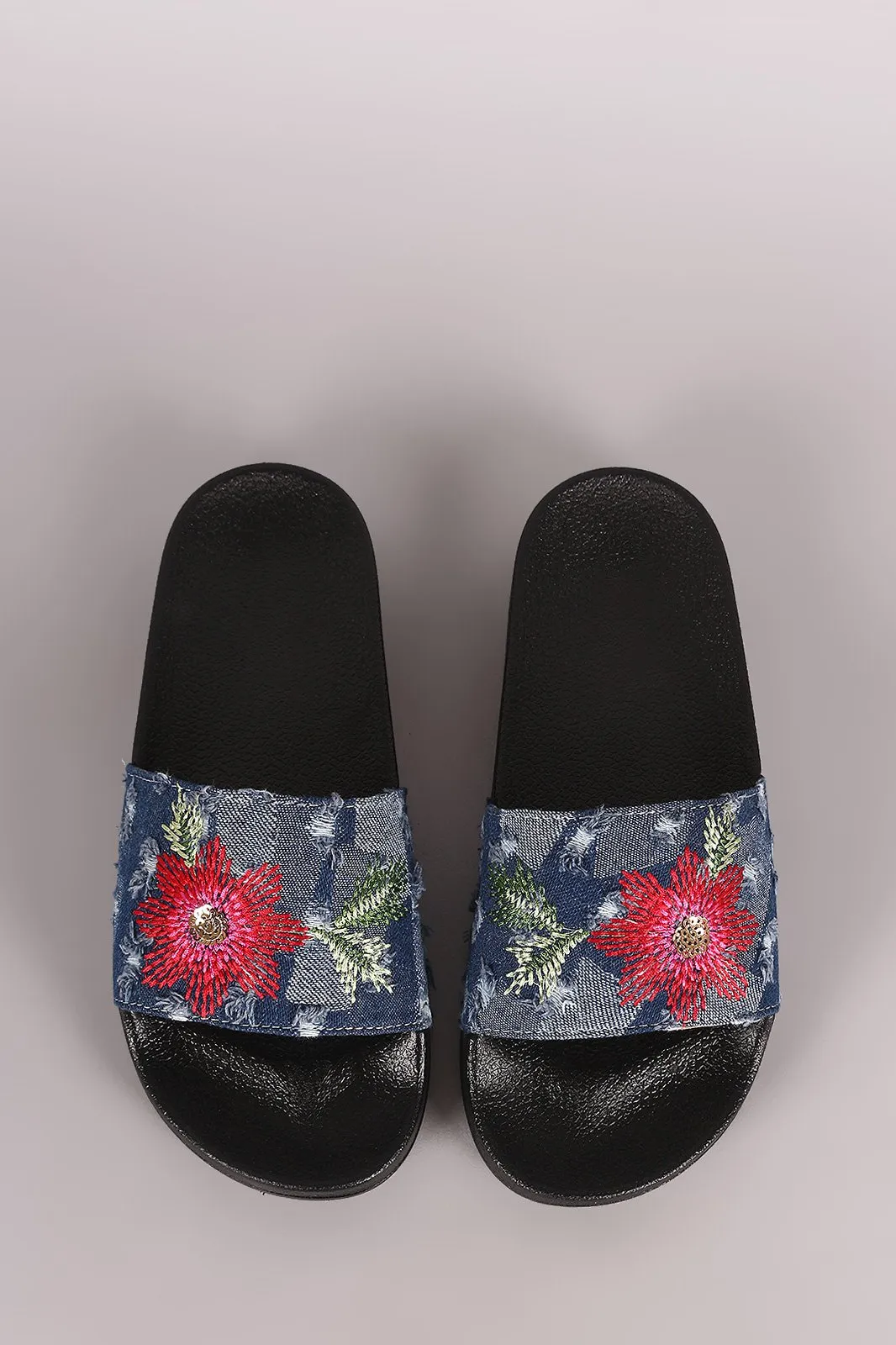 Distressed Denim Embroidered Floral Slide Sandal