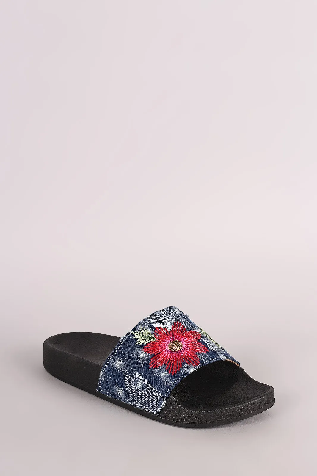 Distressed Denim Embroidered Floral Slide Sandal