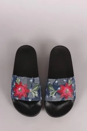 Distressed Denim Embroidered Floral Slide Sandal