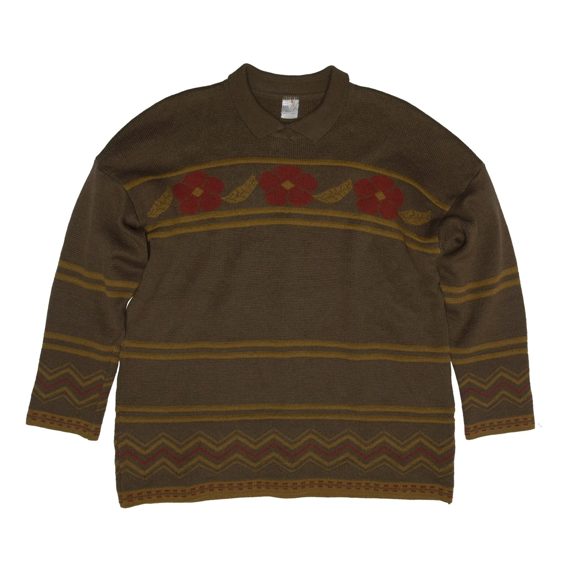 Folk Art Intarsia Tuck Stitch Bermuda Collar Pullover