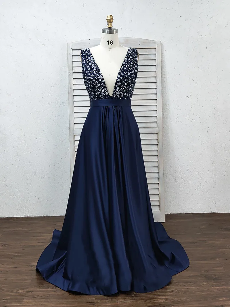 Formal Deep V-Neck Open Back Long Beading Satin Evening Dresses Prom Dresses Sexy