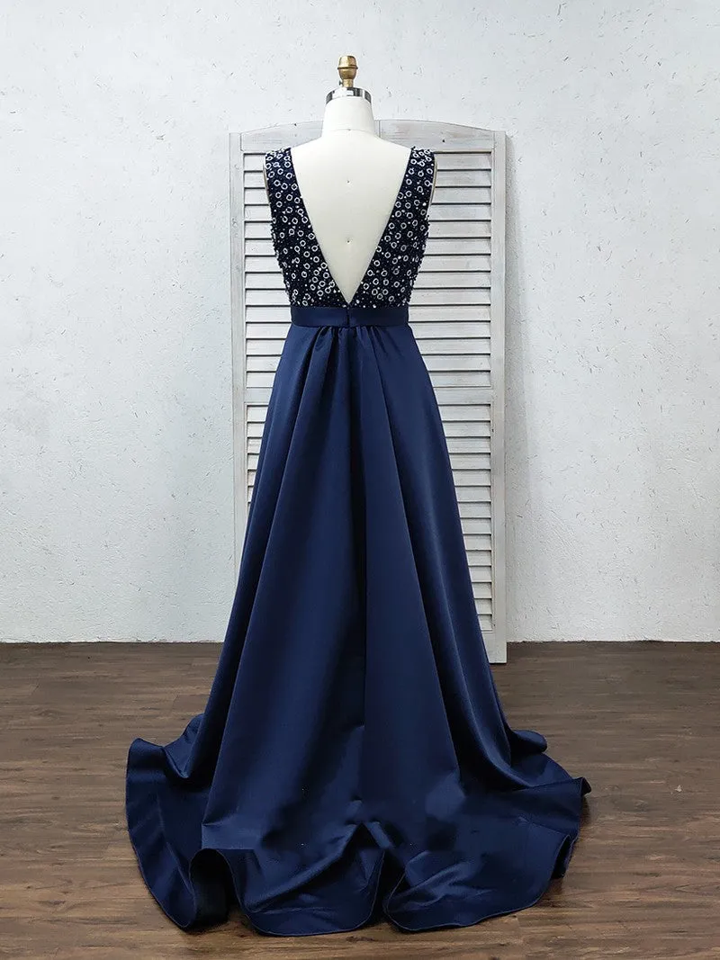 Formal Deep V-Neck Open Back Long Beading Satin Evening Dresses Prom Dresses Sexy