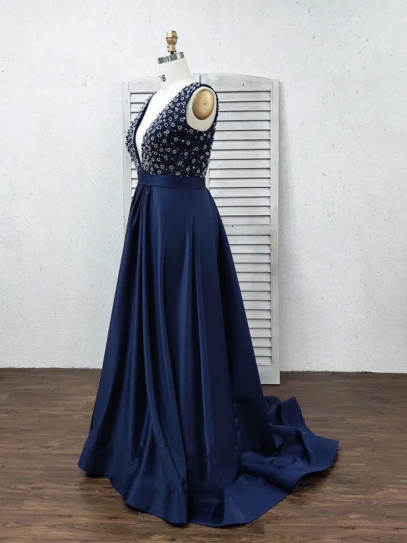 Formal Deep V-Neck Open Back Long Beading Satin Evening Dresses Prom Dresses Sexy