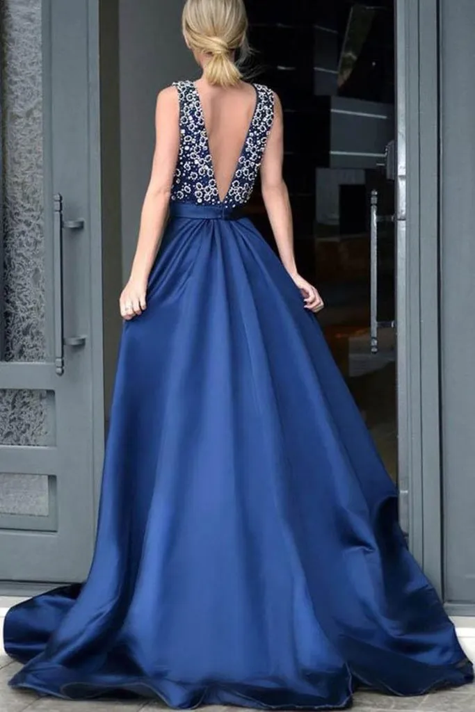 Formal Deep V-Neck Open Back Long Beading Satin Evening Dresses Prom Dresses Sexy