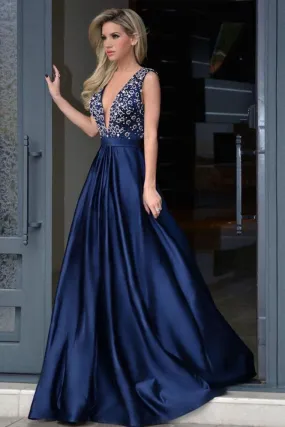 Formal Deep V-Neck Open Back Long Beading Satin Evening Dresses Prom Dresses Sexy