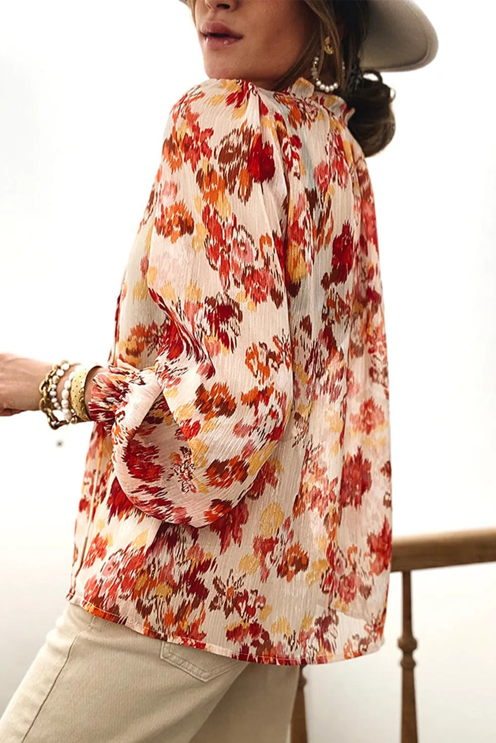 Frilled Split Neckline Abstract Floral Blouse