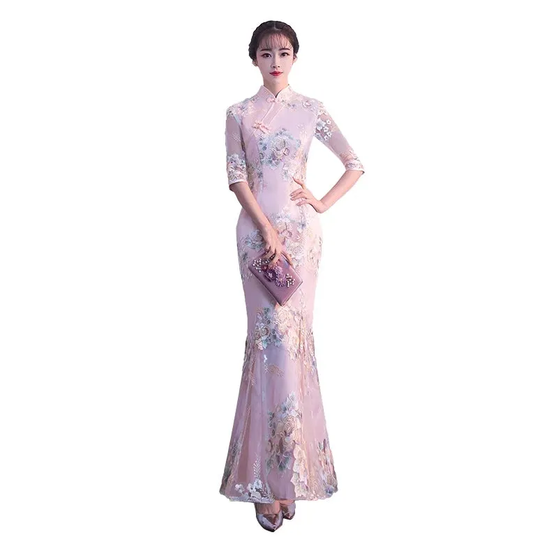 Girl cheongsam autumn and winter long long-sleeved 2019 new improved version of elegant and thin fishtail dress skirt female Chinese style
