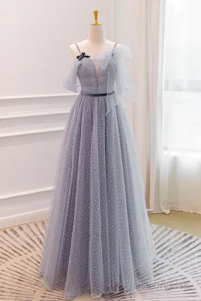 Gray A-Line Tulle Long Prom Dresses, Gray Formal Evening Dresses