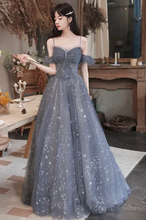 Gray Blue Tulle Long Prom Dresses, A-Line Spaghetti Straps Evening Dresses