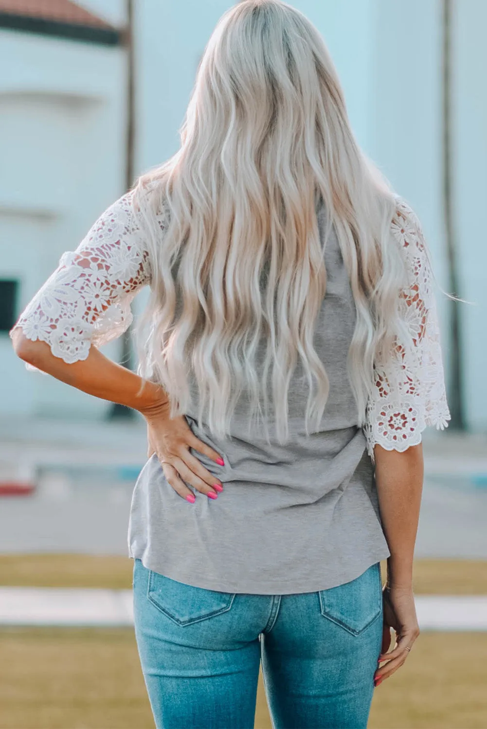 Gray Butterfly Daisy Print Lace Splicing Half Sleeve Top