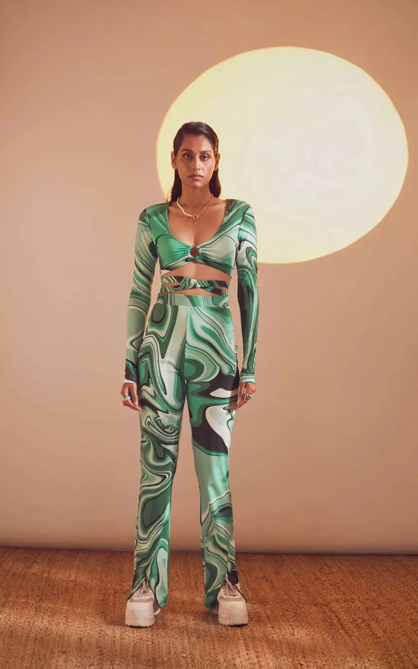 Green Swirl Print Full Sleeves Bodycon Top With O Ring