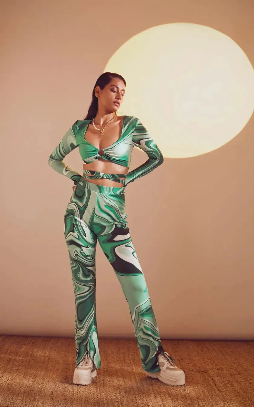 Green Swirl Print Full Sleeves Bodycon Top With O Ring