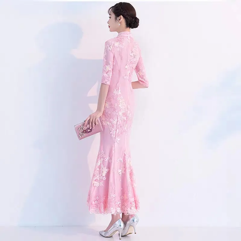Improved version of cheongsam 2019 new autumn girl long section fresh and elegant fishtail Austrian dress female small fragrance