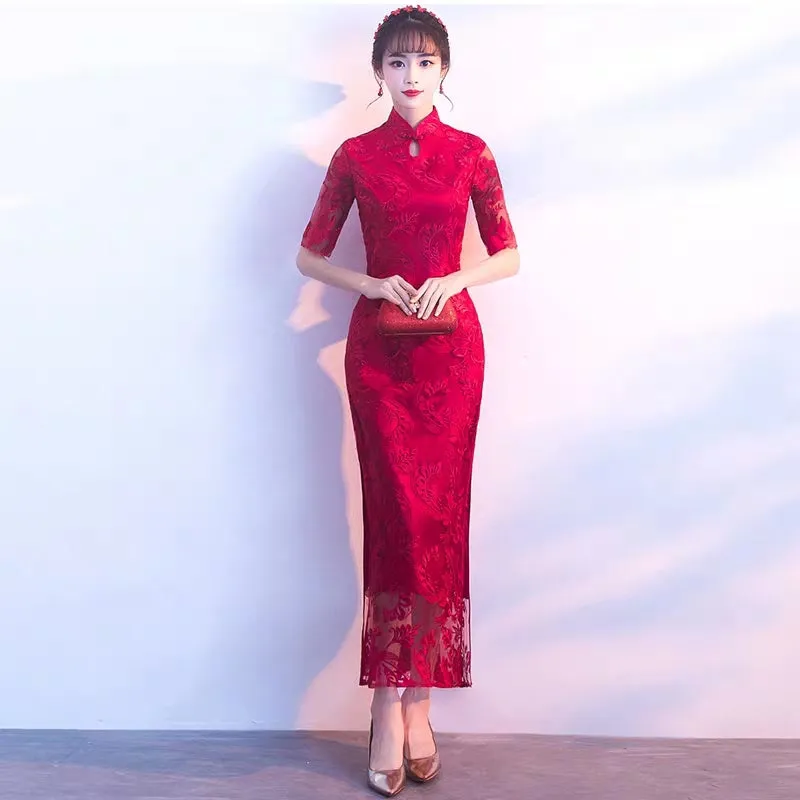 Improved version of cheongsam 2019 new autumn girl long section fresh and elegant fishtail Austrian dress female small fragrance