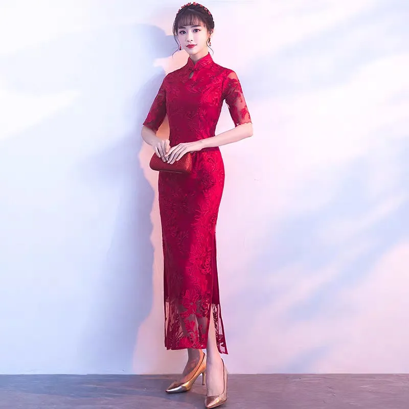 Improved version of cheongsam 2019 new autumn girl long section fresh and elegant fishtail Austrian dress female small fragrance