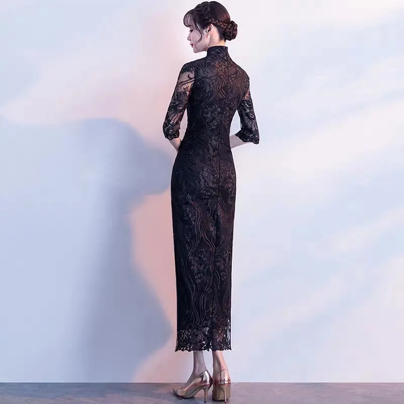 Improved version of cheongsam 2019 new autumn girl long section fresh and elegant fishtail Austrian dress female small fragrance