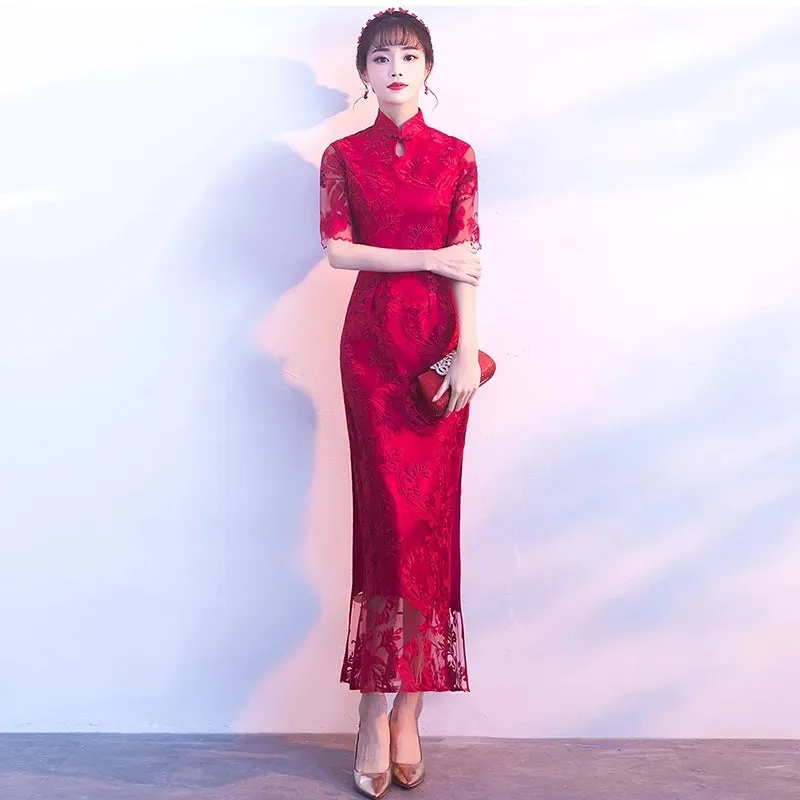 Improved version of cheongsam 2019 new autumn girl long section fresh and elegant fishtail Austrian dress female small fragrance