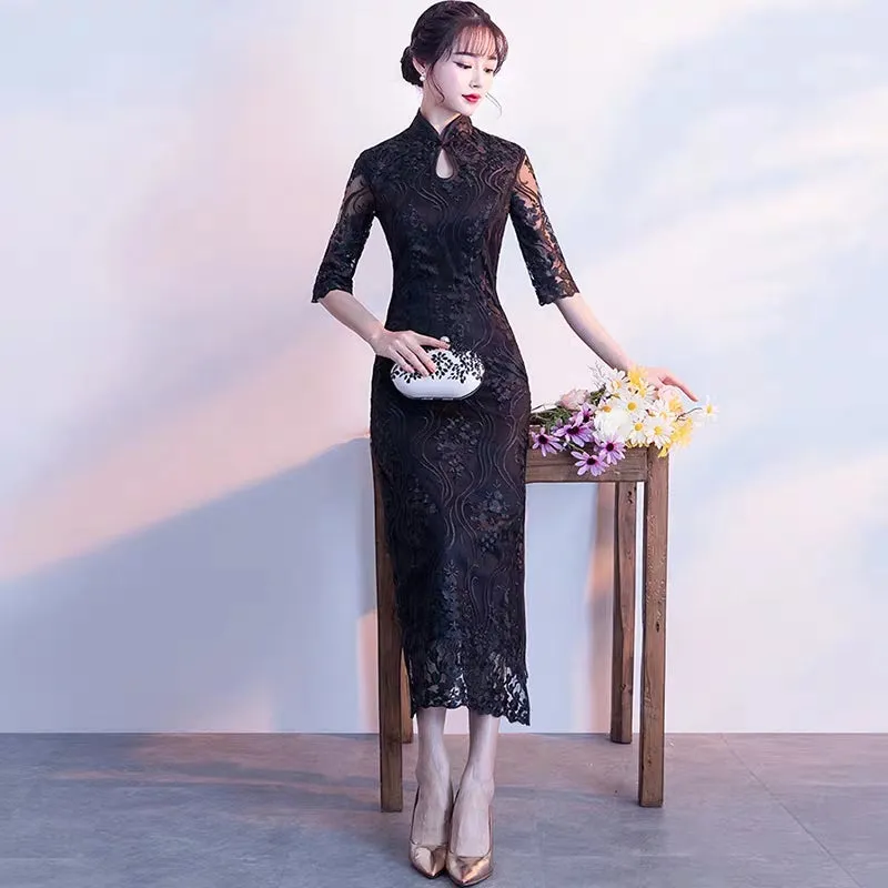 Improved version of cheongsam 2019 new autumn girl long section fresh and elegant fishtail Austrian dress female small fragrance