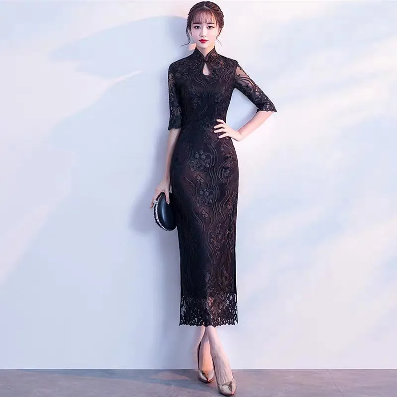 Improved version of cheongsam 2019 new autumn girl long section fresh and elegant fishtail Austrian dress female small fragrance