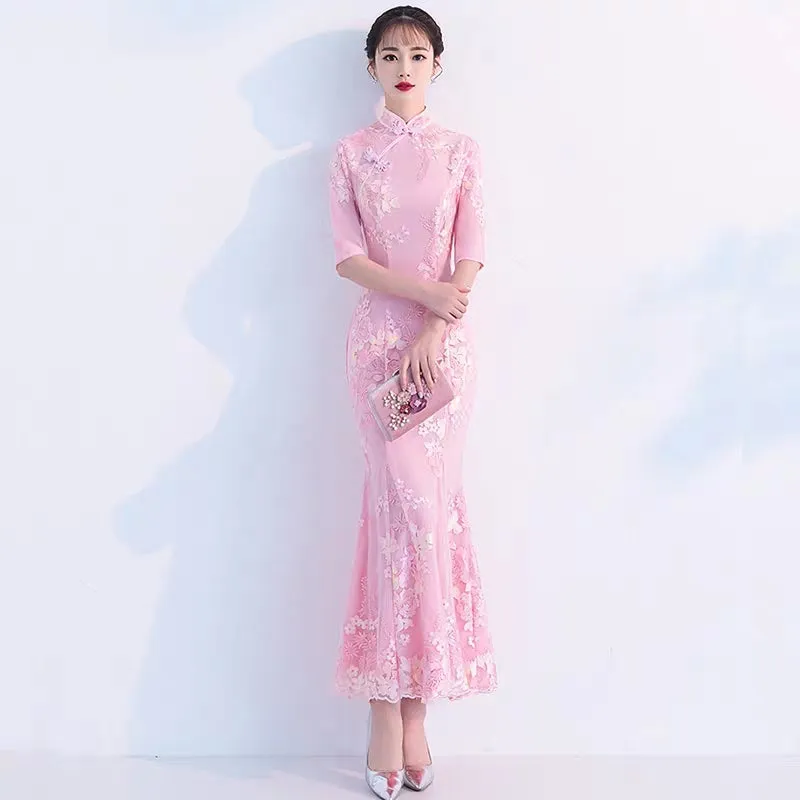 Improved version of cheongsam 2019 new autumn girl long section fresh and elegant fishtail Austrian dress female small fragrance