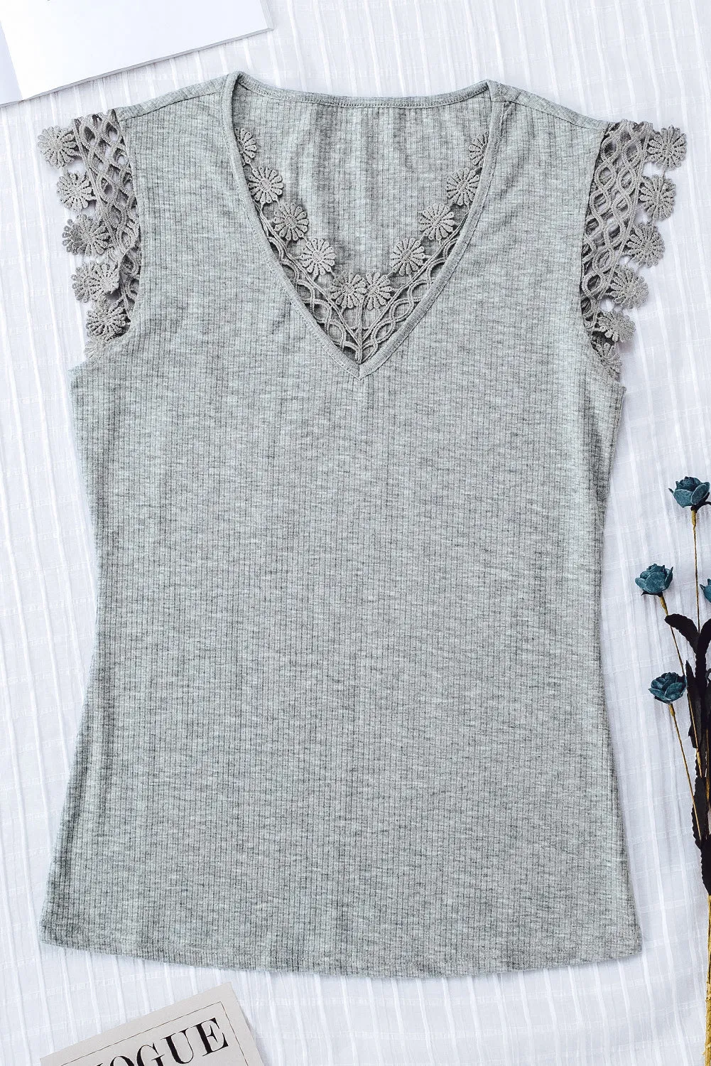 Lace Crochet Ribbed V Neck Tank Top