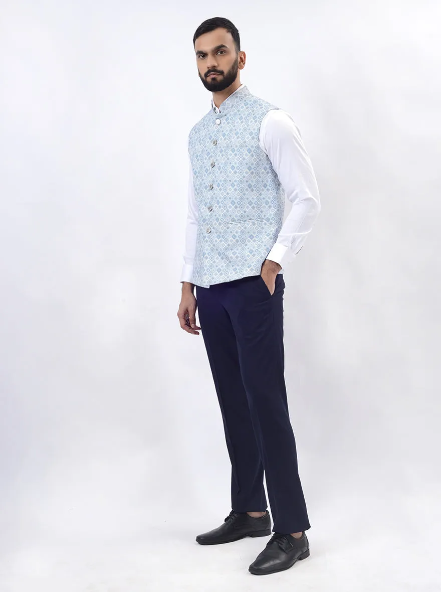 Light Blue Printed Regular Fit Bandhgala Jacket | Greenfibre