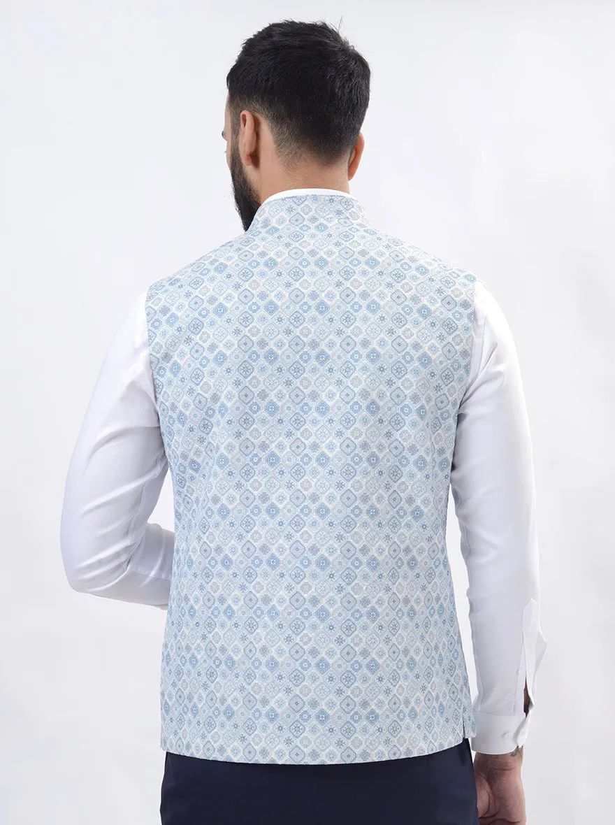 Light Blue Printed Regular Fit Bandhgala Jacket | Greenfibre