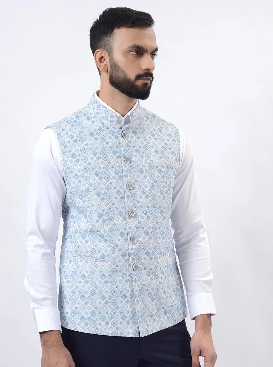 Light Blue Printed Regular Fit Bandhgala Jacket | Greenfibre