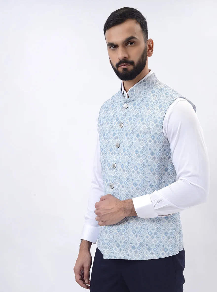 Light Blue Printed Regular Fit Bandhgala Jacket | Greenfibre