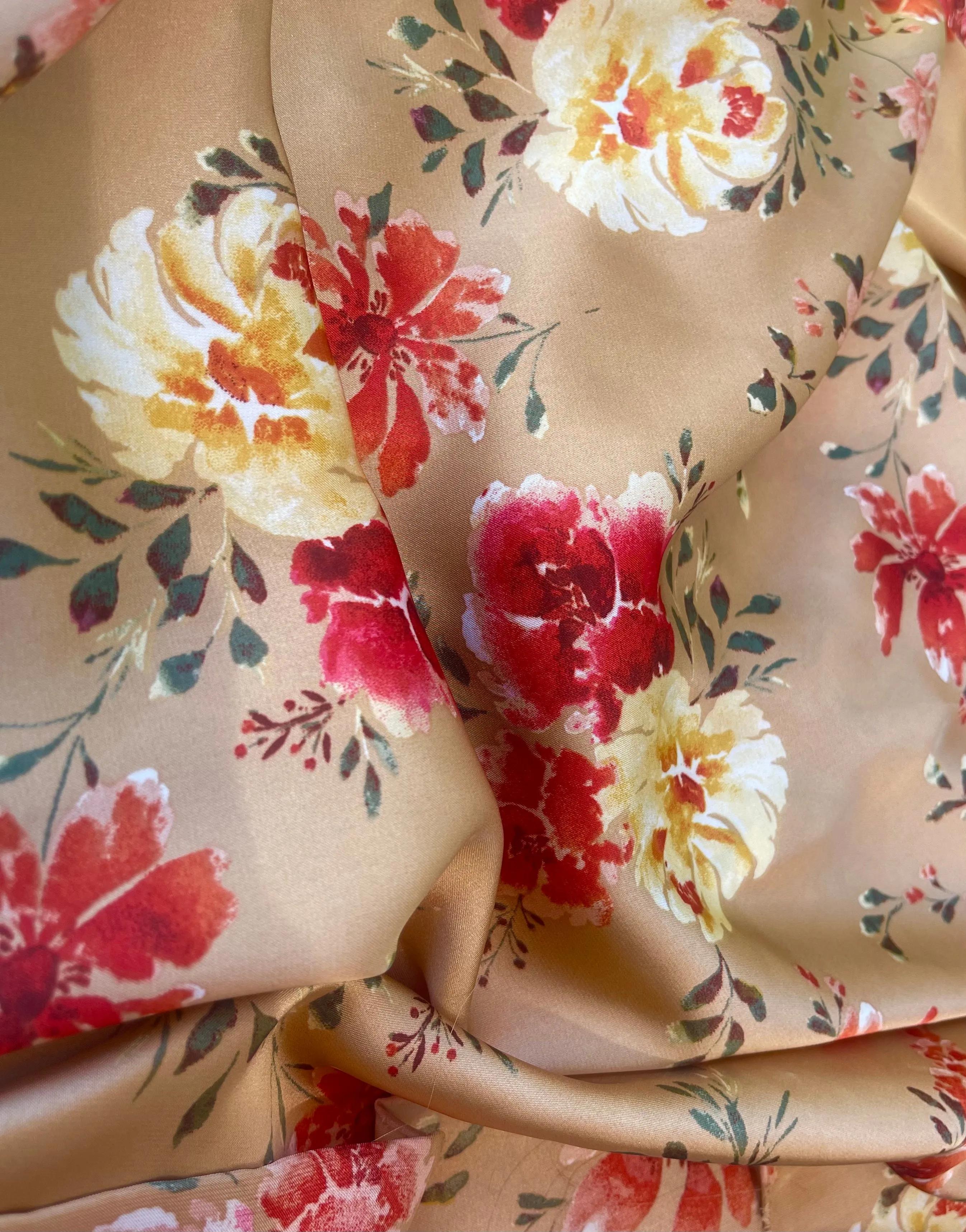 Lightweight  satin  fabric by the yard - Mocha with red and yellow  florals  pattern