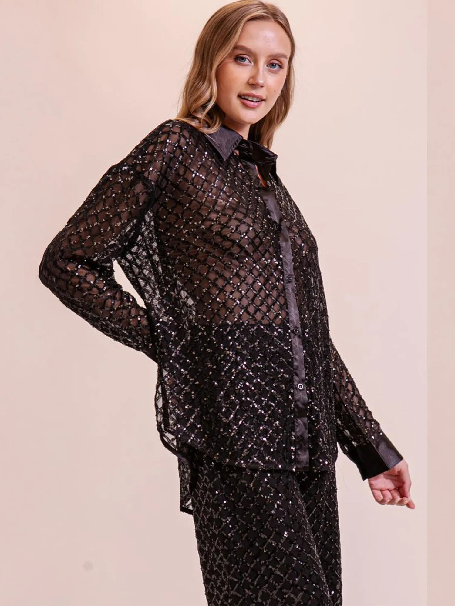 Long Sleeves Sequin Button Down Shirt