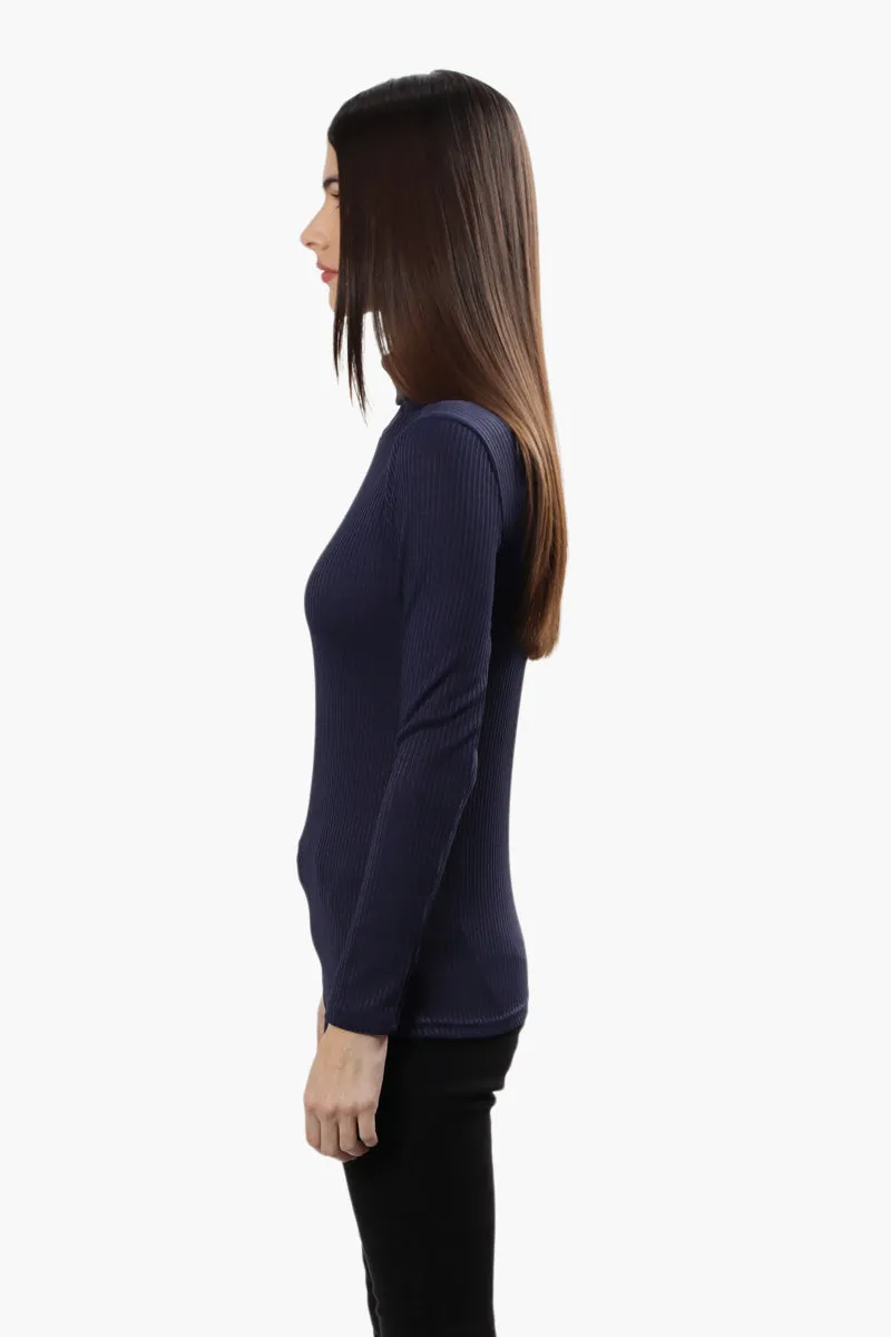 Magazine Ribbed Turtleneck Long Sleeve Top - Navy