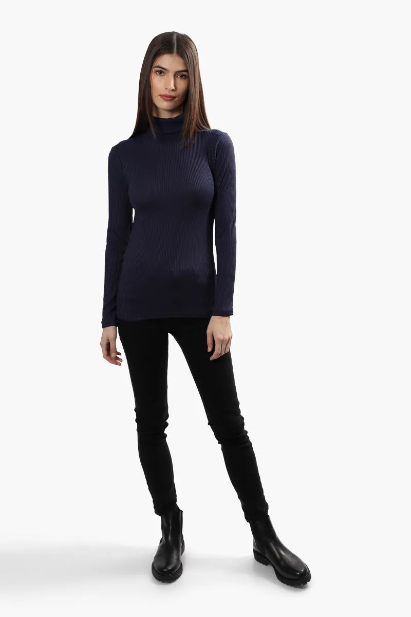 Magazine Ribbed Turtleneck Long Sleeve Top - Navy