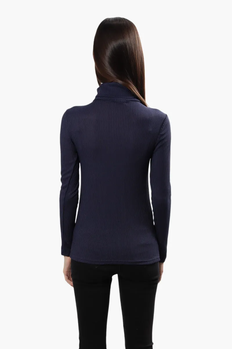 Magazine Ribbed Turtleneck Long Sleeve Top - Navy