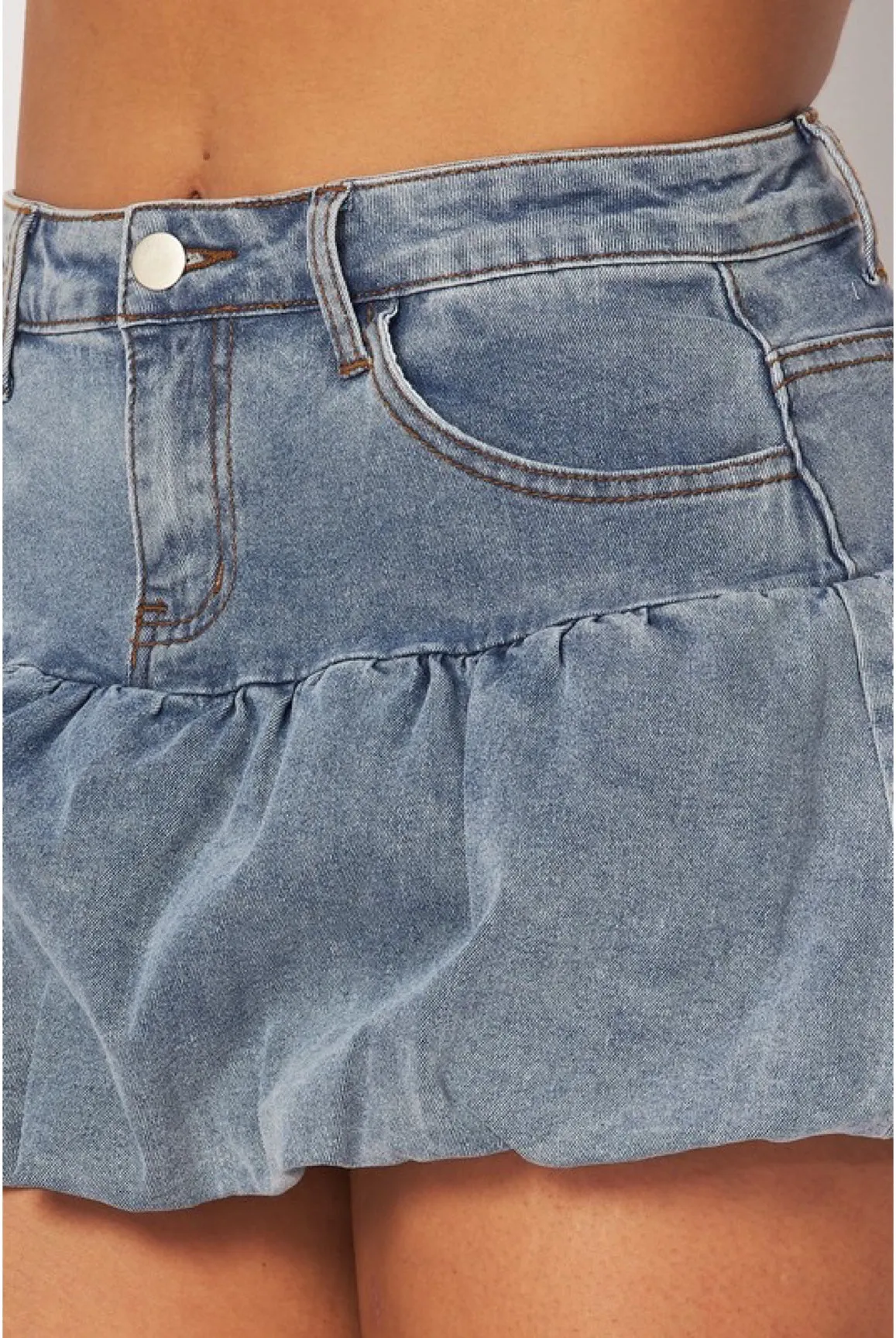 No Randoms - Bubble Denim Mini Skirt High Waisted, Vintage Wash, Casual Chic Look