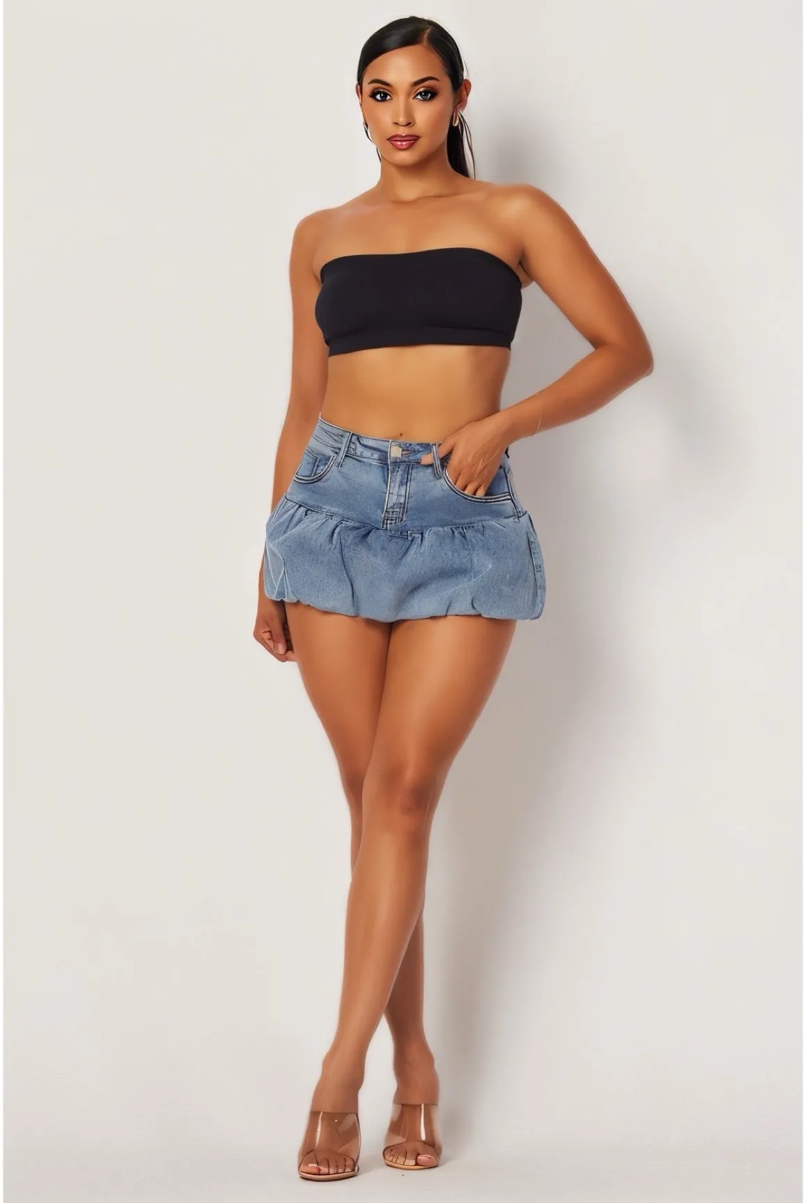 No Randoms - Bubble Denim Mini Skirt High Waisted, Vintage Wash, Casual Chic Look